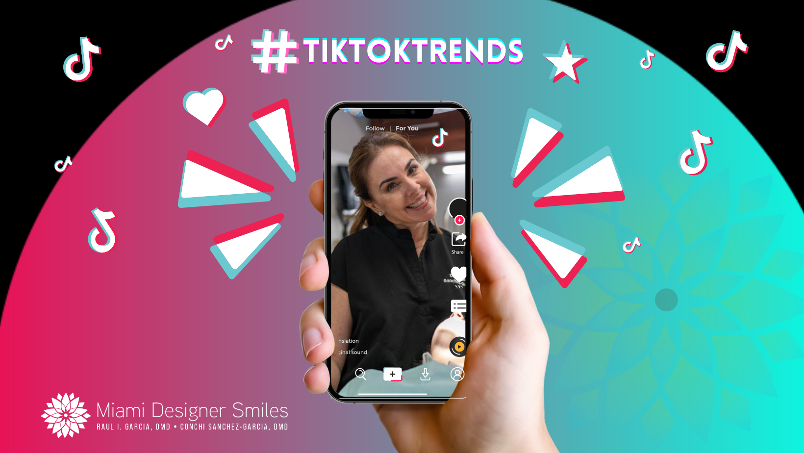 A smartphone displaying a tiktok video with a hashtag "#mewing" overlay on a vibrant circular background with tiktok logo icons.