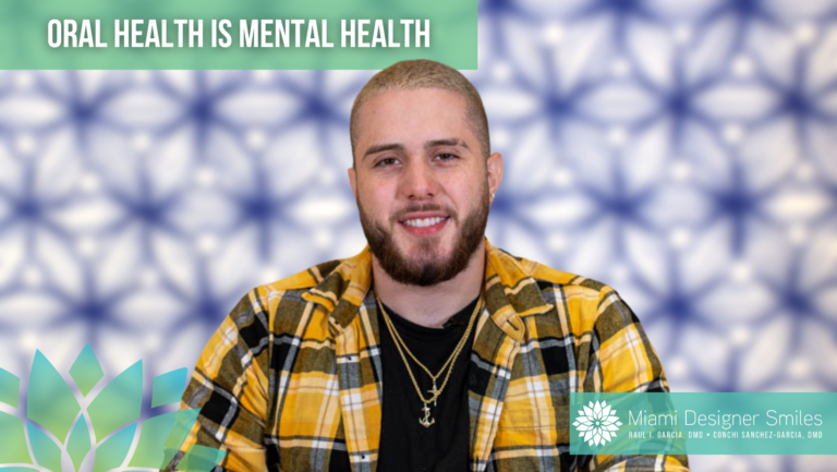 A person with a beard and short hair smiles at the camera. The background features a repeating blue and white pattern with the text "Oral Health is Mental Well-being" alongside the Miami Designer Smiles logo.