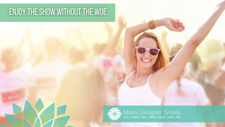 A smiling person in sunglasses raises their arm in the air at an outdoor event. Text reads, "Enjoy the show without the woe" and "Miami Designer Smiles". No more ear ringing, just pure enjoyment.
