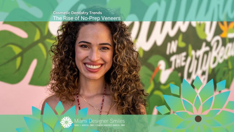A woman with curly hair smiles in front of a colorful mural highlighting the latest cosmetic dentistry trends and no-prep veneers offered by Miami Designer Smiles.