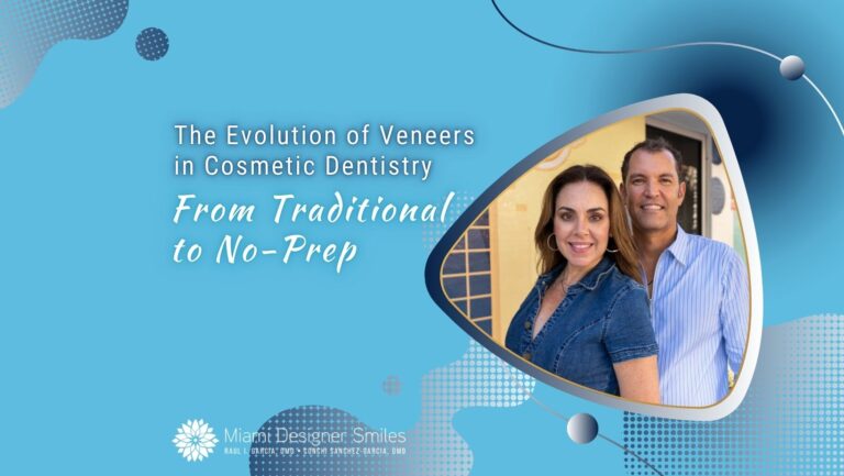 Un hombre y una mujer sonríen uno al lado del otro sobre un fondo azul con texto sobre la evolución de las carillas en la odontología cosmética, de la tradicional a la sin preparación. Se muestra el logotipo de Miami Designer Smiles.