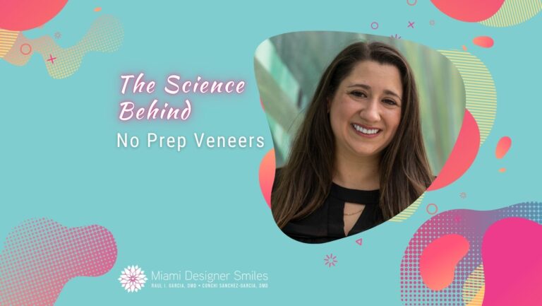 Una mujer sonriente junto al texto "The Science Behind No Prep Veneers" sobre un fondo colorido con el logo "Miami Designer Smiles" en la parte inferior.
