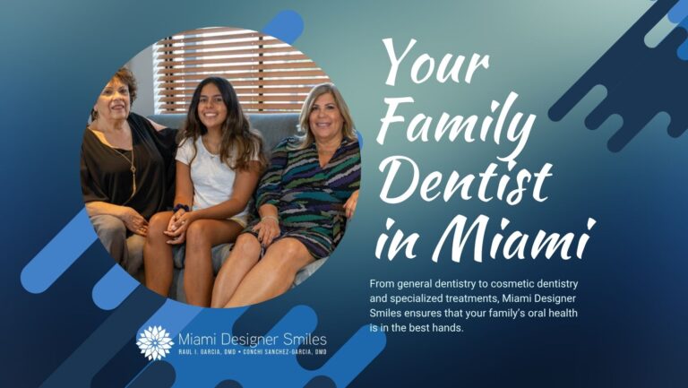 Three women sit on a couch smiling, with text highlighting Miami Designer Smiles as your trusted family dentist in Miami, alongside the clinic’s logo and dentist names.