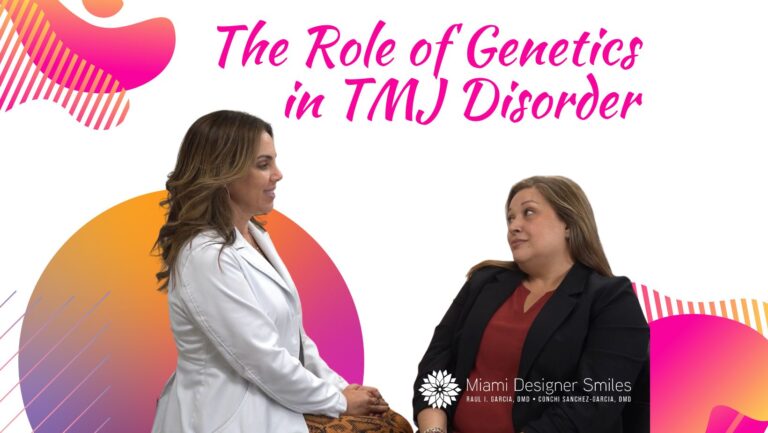 A female doctor and a woman sit facing each other, with the text “The Role of TMJ Disorder Genetics” above them and the Miami Designer Smiles logo at the bottom.