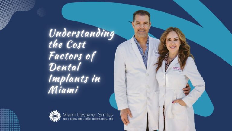 Two dentists in white coats stand side by side, smiling, with text reading "2025 Guide: Understanding Dental Implants Cost Factors in Miami" on a blue graphic background.