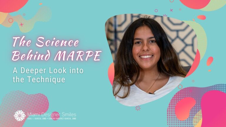 Smiling young woman with long dark hair sits in front of a geometric background; text reads “The Science Behind MARPE: A Deeper Look into the Technique.”.