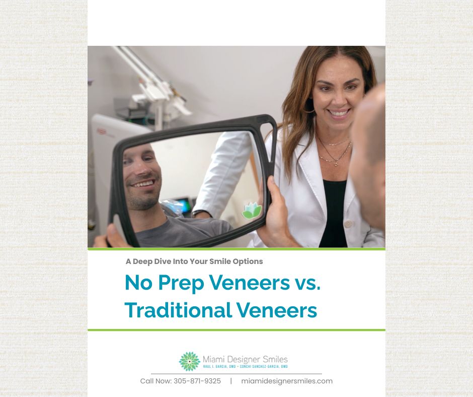 A man in a dental chair smiles at his reflection in a mirror held by a dental professional; text reads "No-Prep Veneers vs. Traditional Veneers.