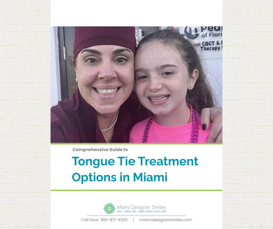 Two people smiling—an adult in medical attire and a child—stand before a sign. Text reads: "Tongue Tie treatment options in Miami" with contact info for Miami Designer Smiles.