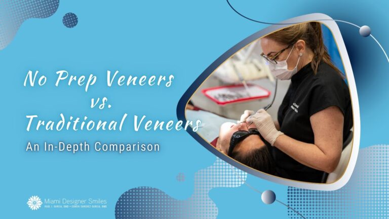Carillas No Prep vs. Carillas Tradicionales: Un dentista con guantes y mascarilla trabaja en los dientes de un paciente en un entorno clínico; el texto destaca una comparación en profundidad.