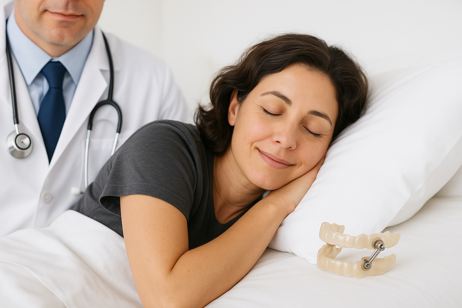 A woman sleeps on her side in bed with a dental sleep appliance nearby, while a doctor from Miami Designer Smiles sits beside her, illustrating personalized sleep apnea treatment.