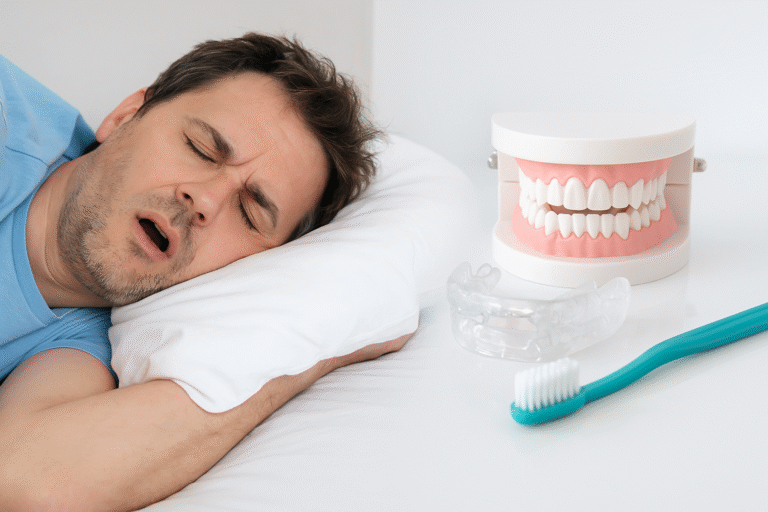 A man sleeps on a pillow with his mouth open next to a dental model, mouthguard, and toothbrush on a white surface—highlighting the importance of dental health and sleep apnea solutions from Miami Designer Smiles.