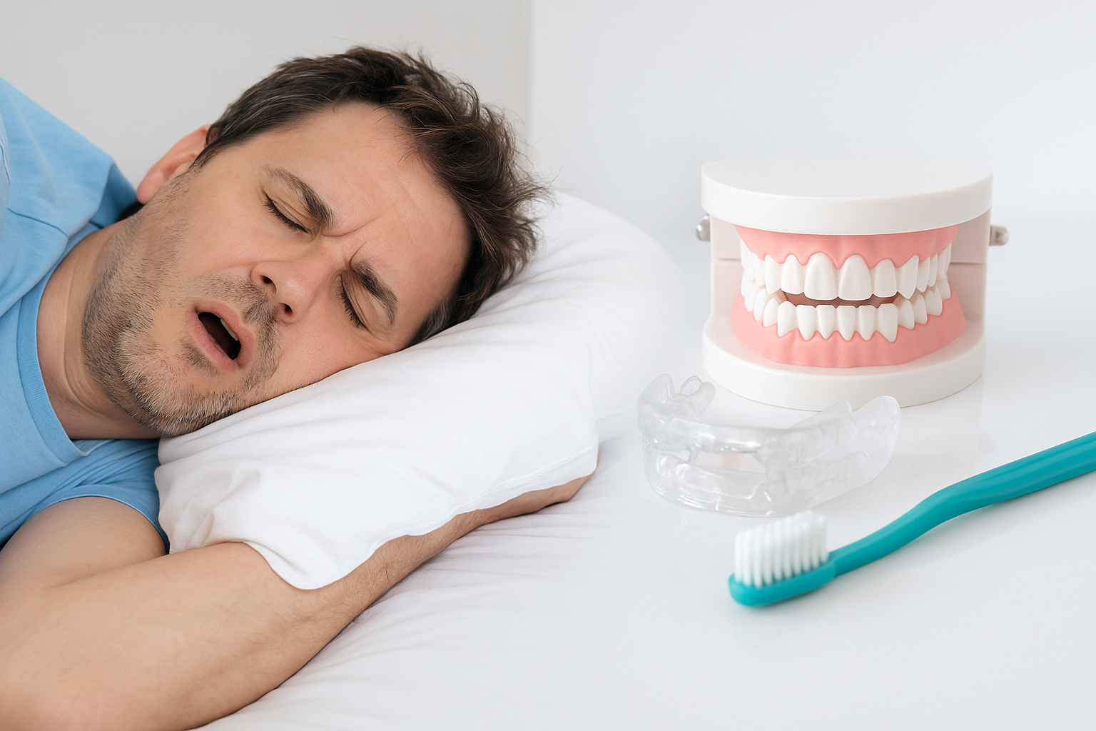 A man sleeps on a pillow with his mouth open next to a dental model, mouthguard, and toothbrush on a white surface—highlighting the importance of dental health and sleep apnea solutions from Miami Designer Smiles.