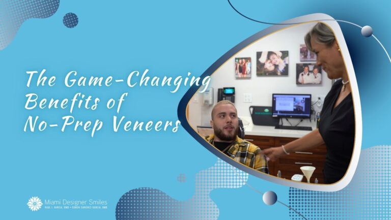 Un dentista habla con un paciente sentado en una consulta dental. El texto de la imagen dice: Las ventajas de las carillas sin preparación".