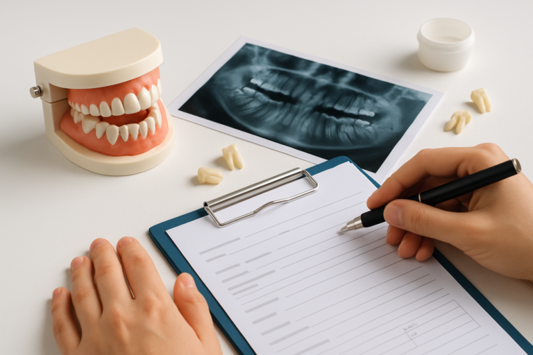 Una persona rellena un formulario dental cerca de un modelo dental, una radiografía dental, dientes extraídos y un pequeño recipiente sobre una mesa blanca.