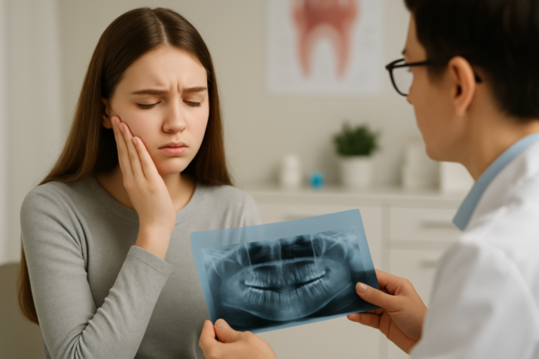 A woman holds her cheek in pain while a dentist discusses wisdom teeth removal for teens, showing her a dental X-ray in a clinic setting.