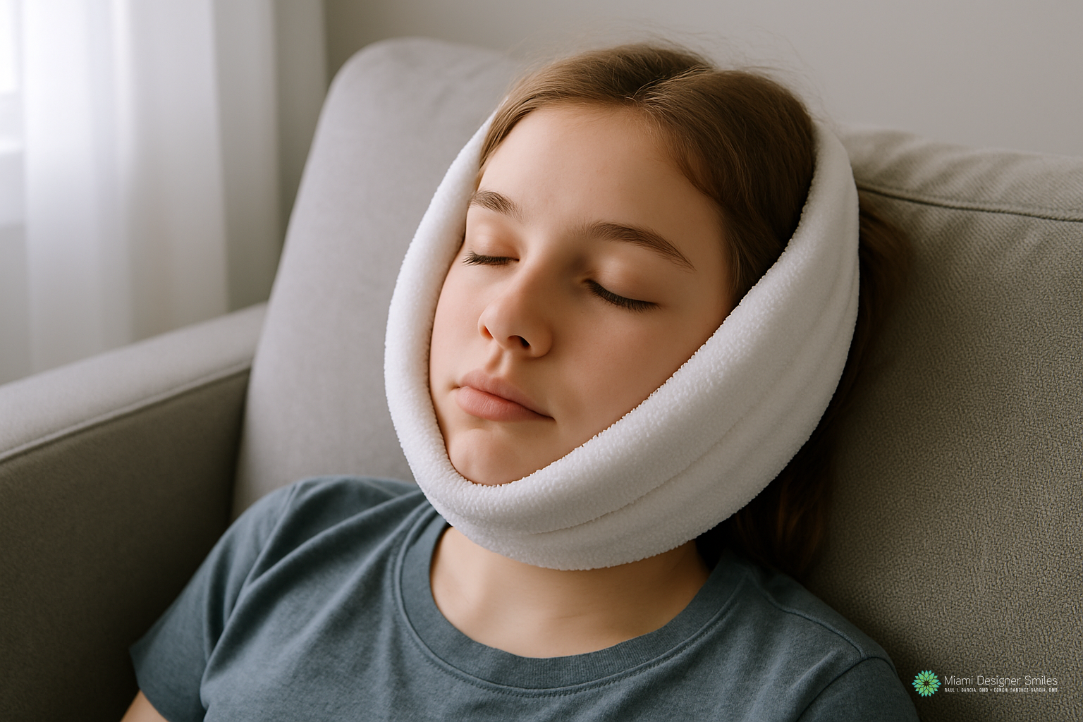A girl with closed eyes sits on a couch, a white towel wrapped around her head and jaw, suggesting she may be recovering from wisdom teeth removal for teens.