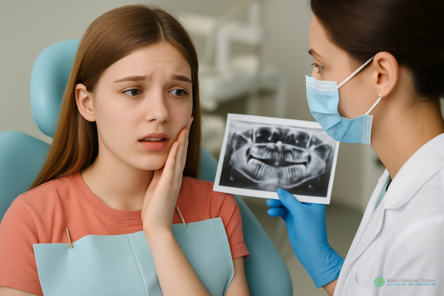A dentist holds a dental X-ray while a young patient touches her cheek, appearing concerned during a dental examination, possibly discussing wisdom teeth removal for teens.