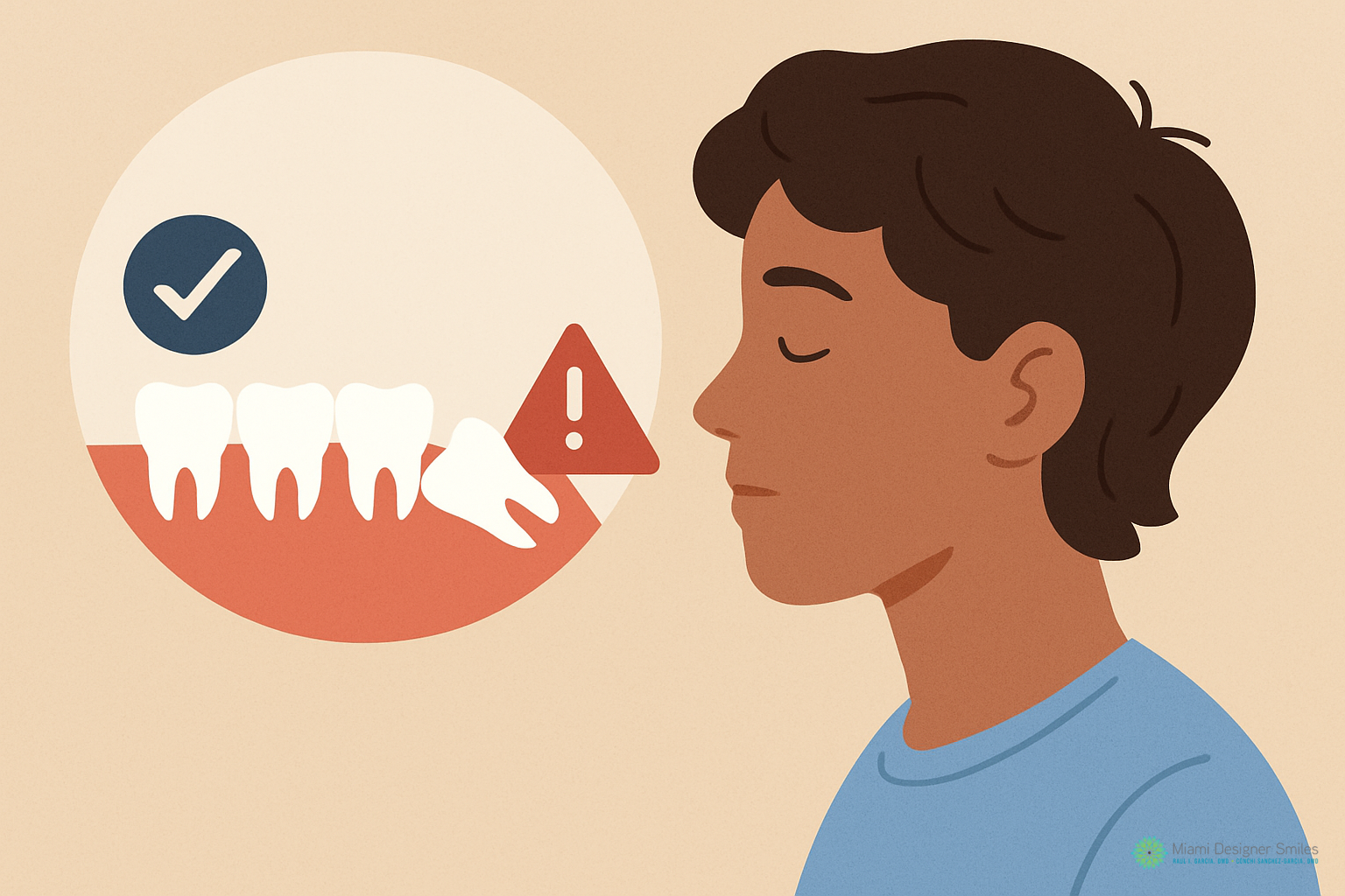 Illustration of a person with a diagram showing impacted wisdom teeth, highlighting one with a warning sign and others with a check mark—perfect for explaining wisdom teeth removal for teens.
