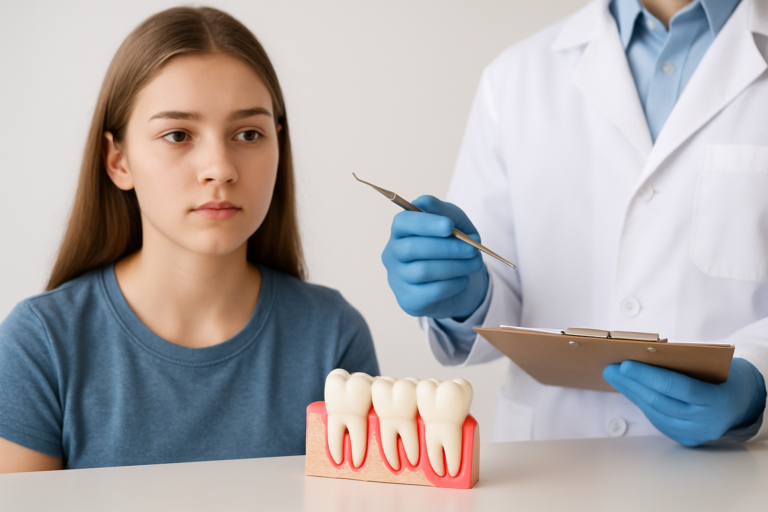 A dentist wearing gloves holds a dental tool and clipboard next to a model of teeth, while a young girl listens attentively about wisdom teeth removal for teens.