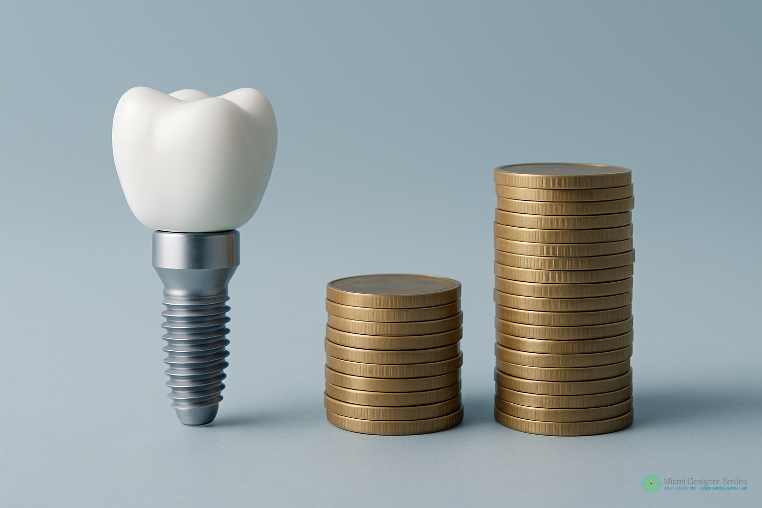 A dental implant model stands next to two stacked columns of gold coins on a light blue background, symbolizing how to choose dental implants that offer both quality and value.