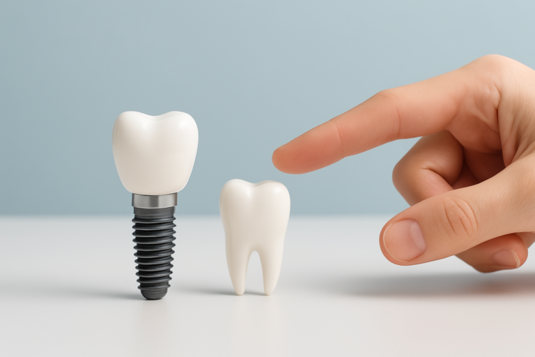 A hand points toward a model of a dental implant next to a natural tooth, illustrating how to choose dental implants on a white surface with a blue background.