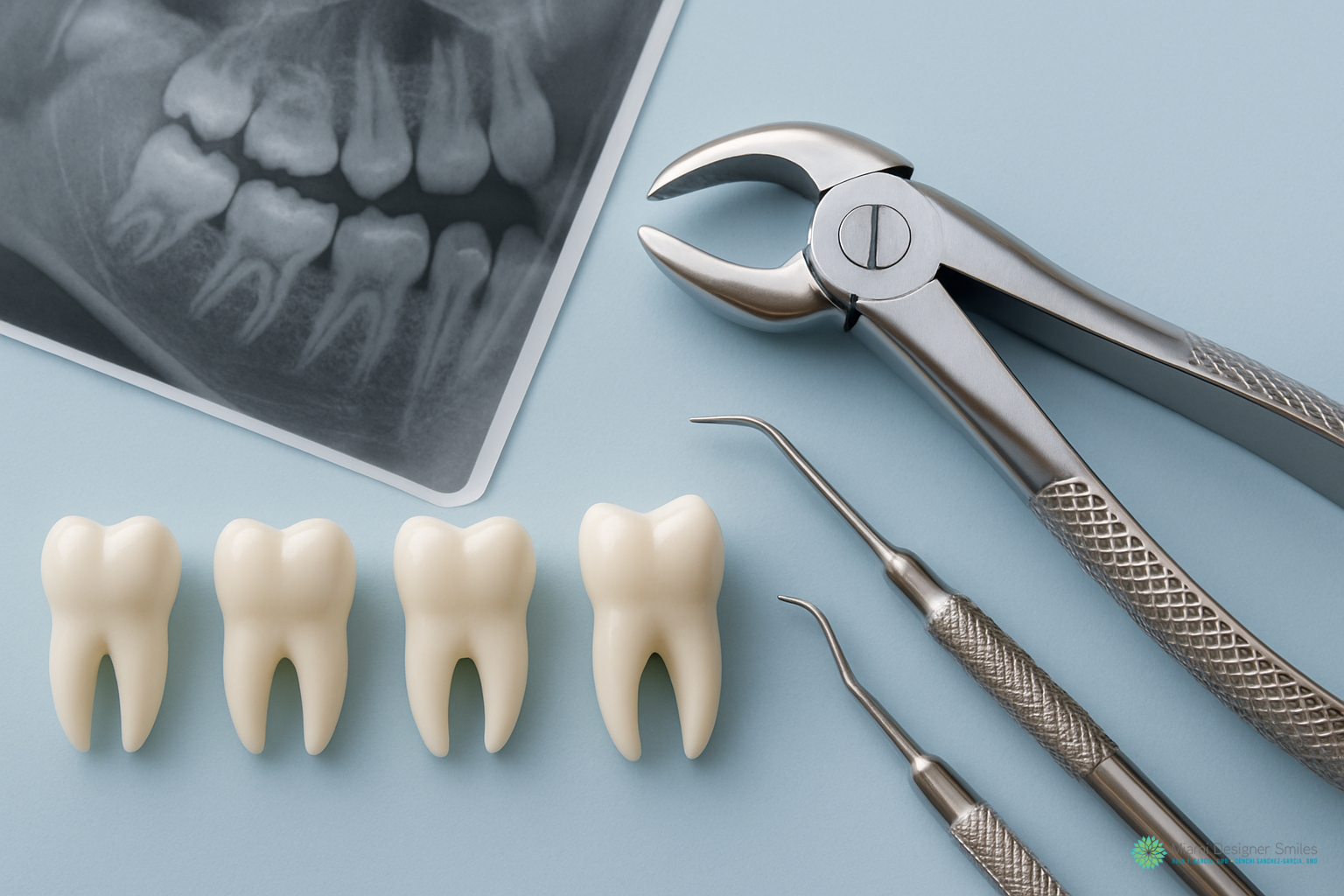 Dental tools, four model teeth, and a dental X-ray are arranged on a light blue surface, illustrating procedures such as extractions.