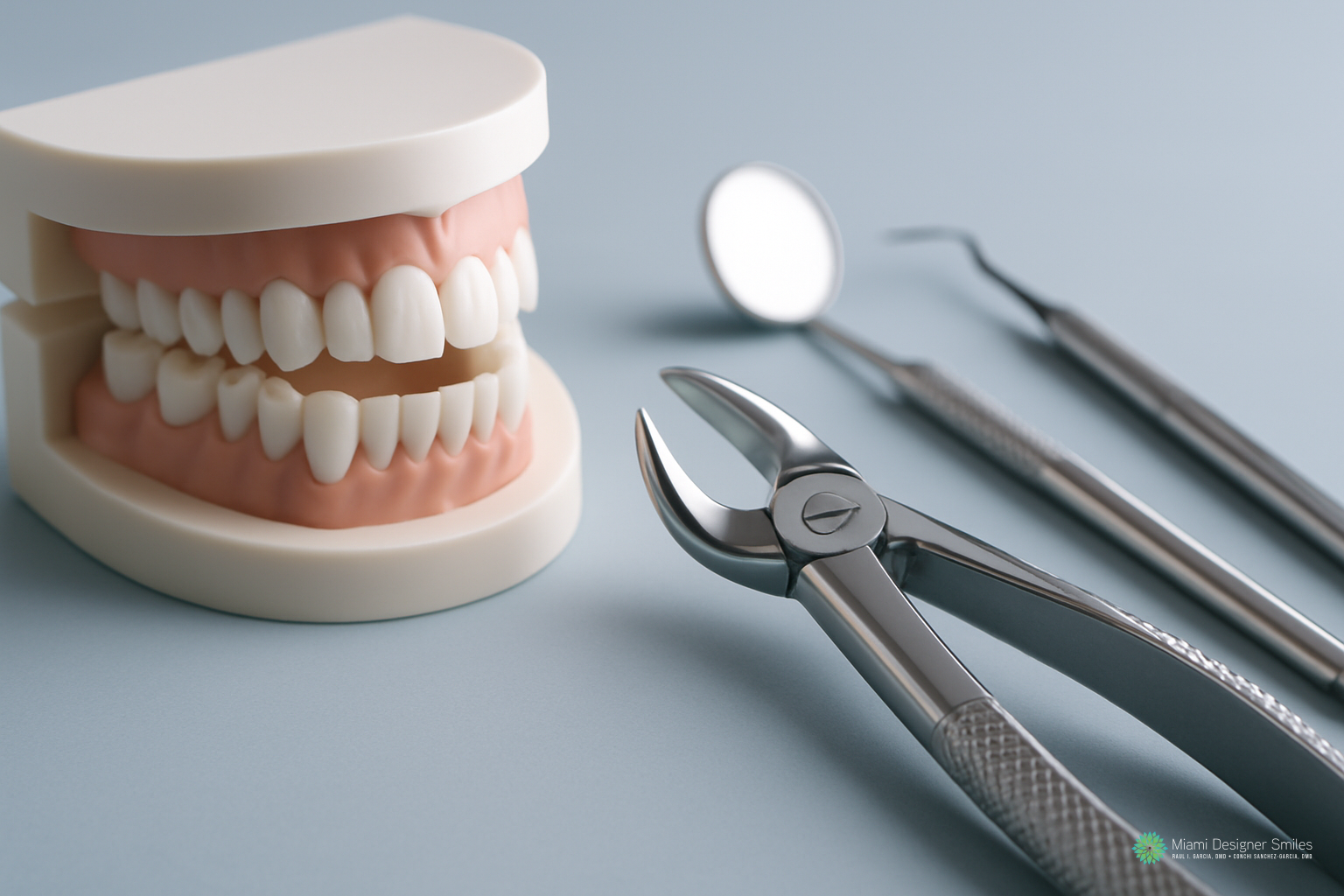 Dental model of human teeth next to dental extraction forceps, mouth mirror, and dental probe on a light blue surface—ideal for studying extractions and oral care procedures.