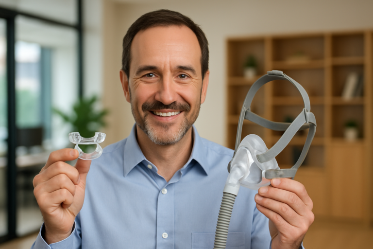 Hombre sonriente con camisa azul que sostiene una mascarilla CPAP en una mano y un dispositivo dental para la apnea del sueño en la otra, de pie en un interior.