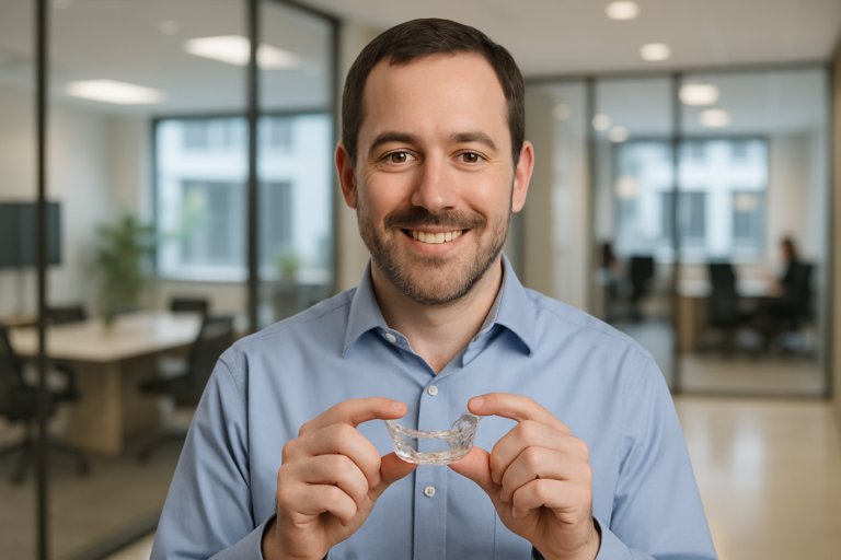 A man in a blue shirt stands in an office, smiling and holding a clear dental aligner—similar to sleep apnea oral appliances—in his hands.