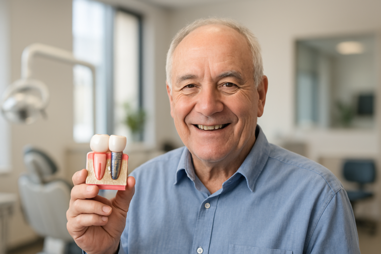 An older man in a dental clinic holds a model showing natural teeth and a dental implant, smiling at the camera—highlighting the benefits of dental implants for seniors.