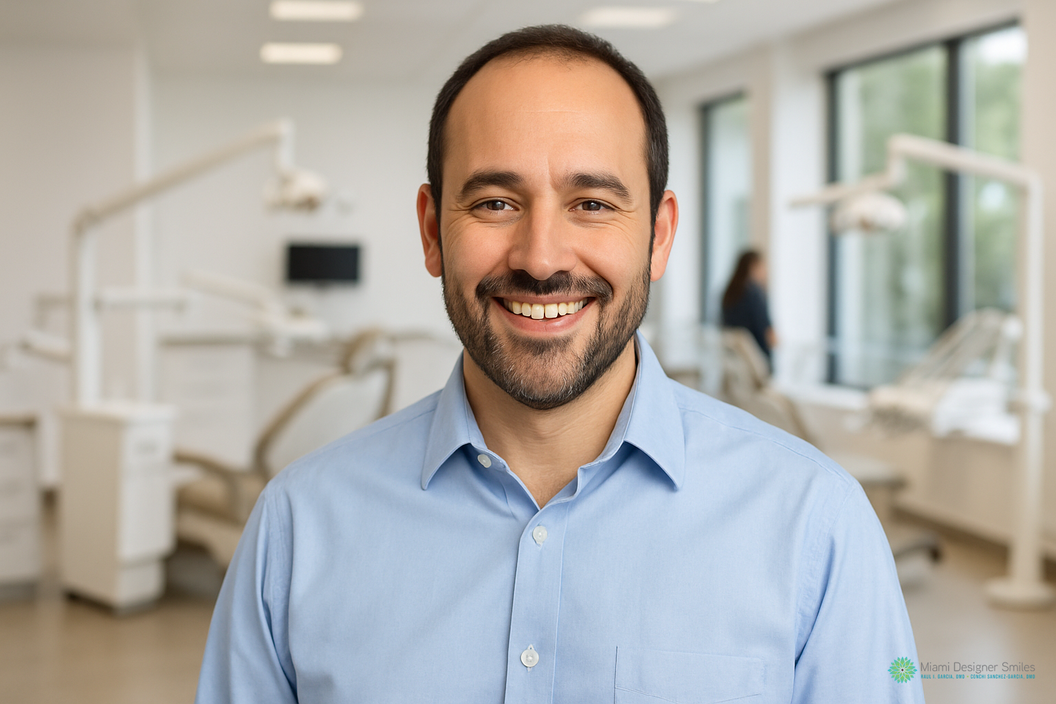 Un hombre con camisa azul claro sonríe a la cámara en una moderna clínica dental con sillones y equipos dentales al fondo.