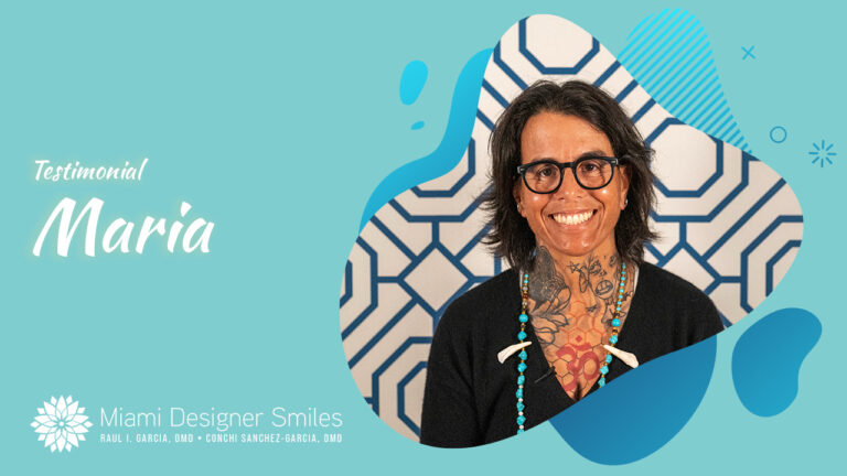 Smiling woman with glasses and tattoos poses in front of a geometric background, sharing how Maria is now sleeping through the night, with "Testimonial Maria" and "Miami Designer Smiles" branding visible.