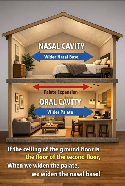 Cross-section of a two-story house illustrating how palate expansion with MARPE in Miami widens both the oral cavity (lower floor) and nasal airway (upper floor) using labeled arrows and explanatory text.