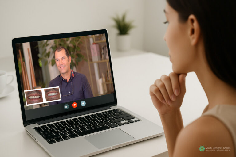 A woman participates in a virtual cosmetic dental consultation on her laptop with a man who is showing before-and-after images of dental work.