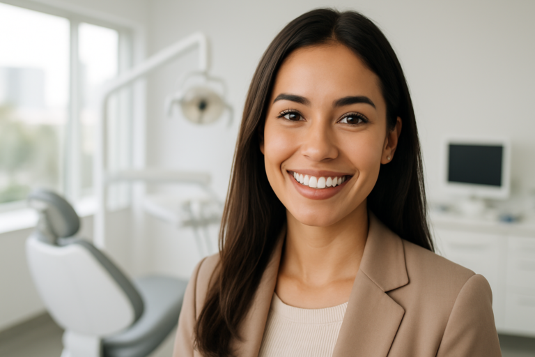 A woman with long dark hair smiles in a Miami Cosmetic Dentistry office, with a dental chair and MARPE equipment visible in the background.