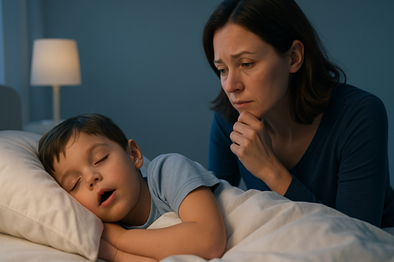 A worried woman watches over a sleeping child in bed at night, concerned about possible sleep apnea symptoms in children as a lamp softly illuminates the room.