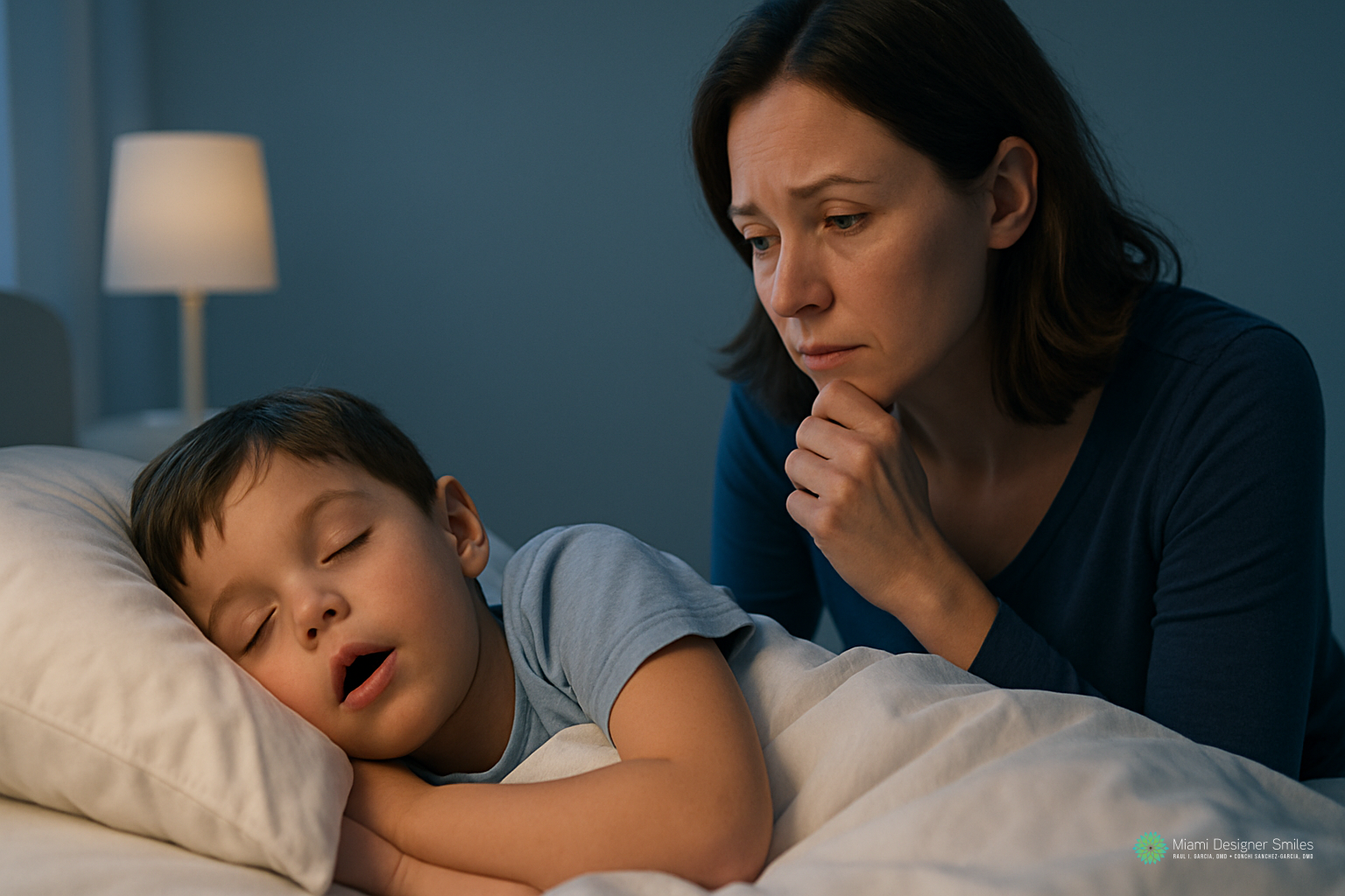 A worried woman watches over a sleeping child in bed at night, concerned about possible sleep apnea symptoms in children as a lamp softly illuminates the room.