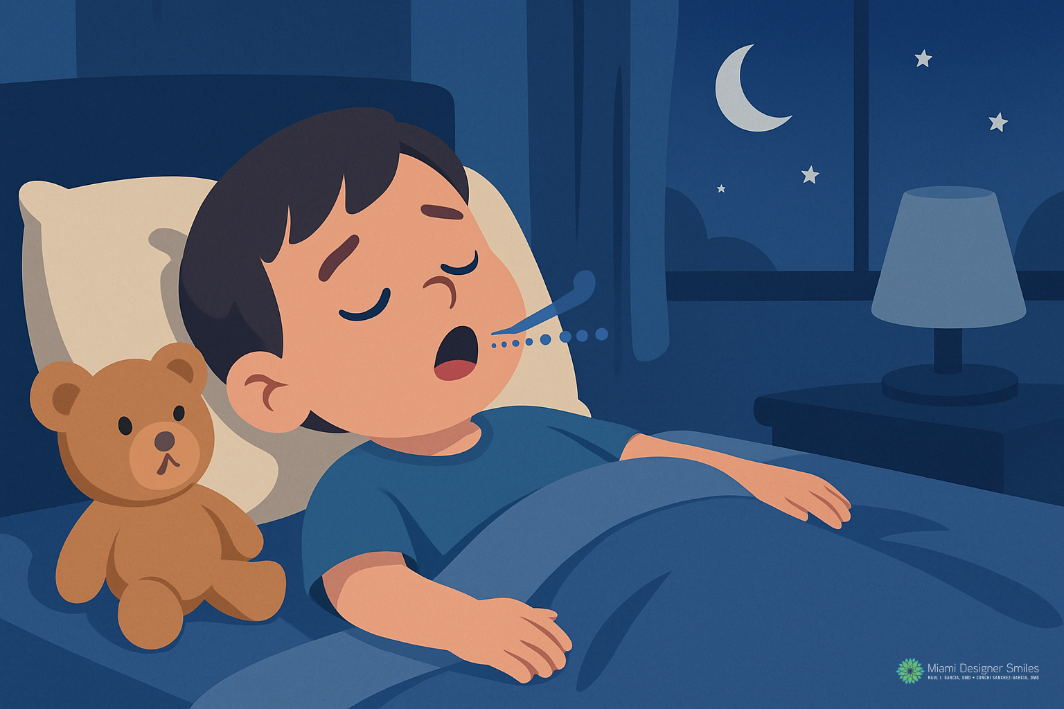 A child sleeps in bed with a teddy bear at night, mouth open under a blanket—one of the sleep apnea symptoms in children. A window shows a crescent moon and stars in the sky.