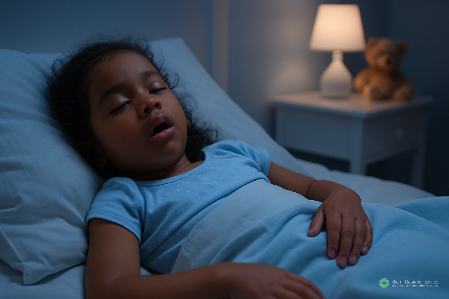 A young girl, showing possible sleep apnea symptoms in children, sleeps in bed at night with her mouth open, wearing a blue shirt. A bedside table with a lamp and a teddy bear is visible in the background.