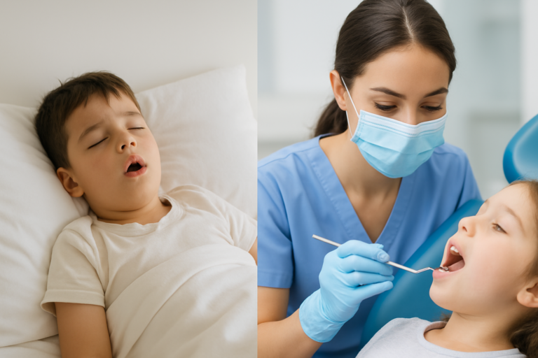 Imagen dividida: A la izquierda, un niño duerme con la boca abierta. A la derecha, un profesional dental examina la boca abierta de un niño en una clínica dental.