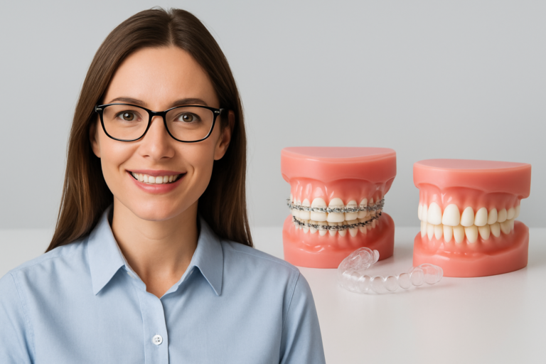 A woman wearing glasses and a light blue shirt sits beside dental models showing braces, clear aligners, and teeth—demonstrating various adult orthodontics options.