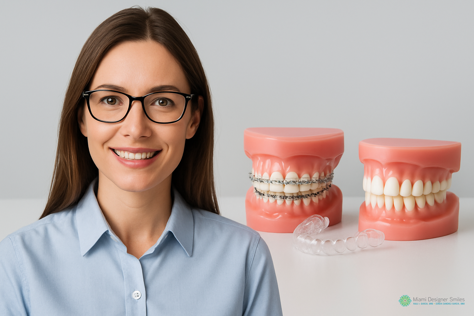 A woman wearing glasses and a light blue shirt sits beside dental models showing braces, clear aligners, and teeth—demonstrating various adult orthodontics options.
