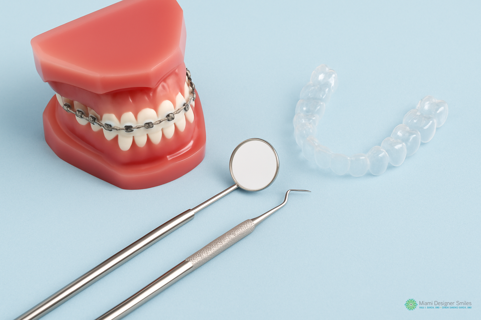 Dental model with braces, a clear aligner, a dental mirror, and a dental probe displayed on a light blue background—showcasing adult orthodontics options.