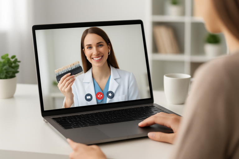 A person has a video call with a dentist, who is holding a dental shade guide and smiling at the camera during virtual cosmetic dental consultations.