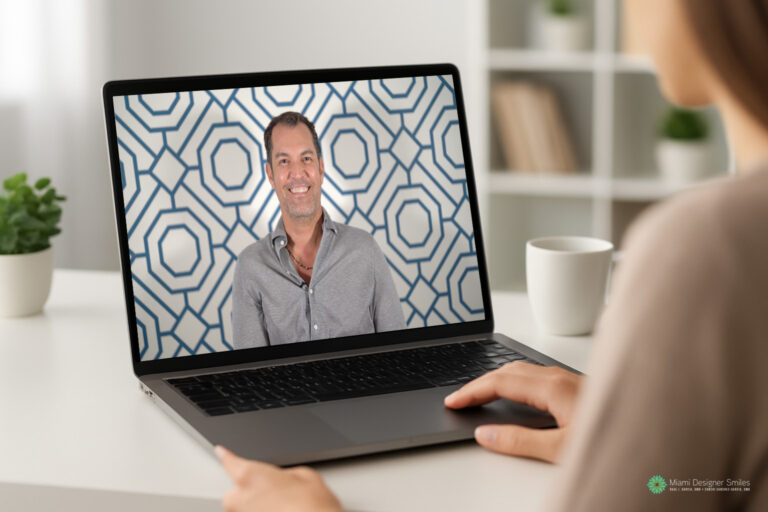 Person having a virtual cosmetic dental consultation on a laptop with a smiling man in front of a geometric-patterned background. The laptop sits on a desk in a bright room.
