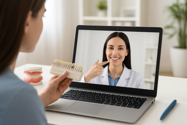 A woman consults a dentist via video call, holding a tooth color shade guide during her virtual cosmetic dental consultation. The dentist points to her teeth, with dental models displayed on the desk beside the laptop.