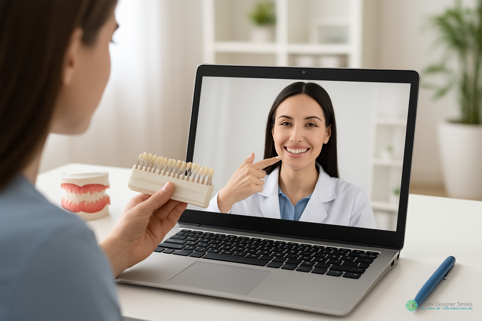 A woman consults a dentist via video call, holding a tooth color shade guide during her virtual cosmetic dental consultation. The dentist points to her teeth, with dental models displayed on the desk beside the laptop.
