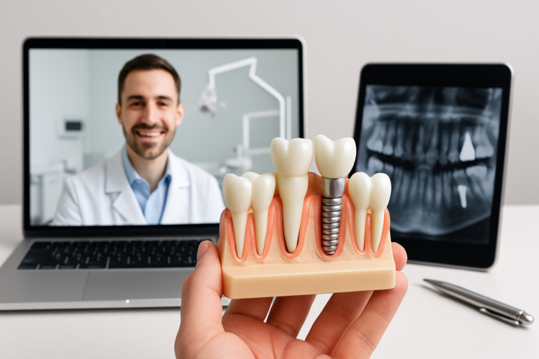 A hand holds a dental implant model in front of a laptop showing a dentist on a video call for virtual cosmetic dental consultations, with a tablet displaying a dental X-ray.