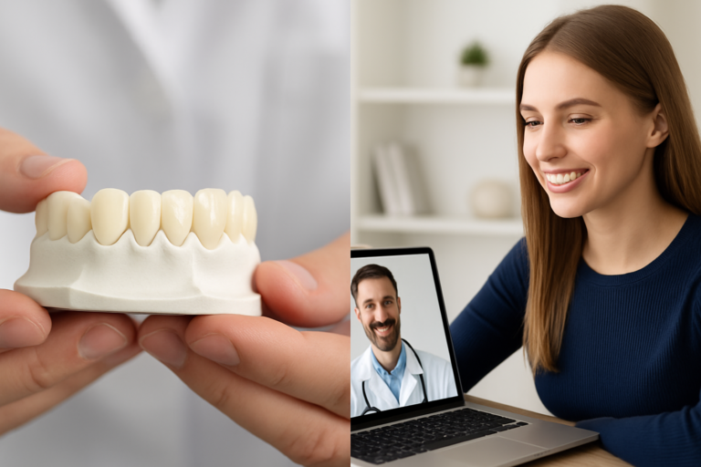 A person holds a dental model, while a woman smiles during an online video consultation with a dentist, showcasing the convenience of virtual cosmetic dental consultations.