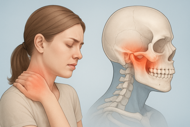 A woman touches her painful neck while next to an anatomical illustration showing inflammation linked to fibromyalgia and TMJ disorders in the jaw joint and neck area.
